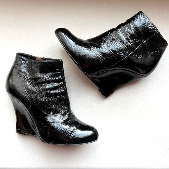 Lanvin Wedge Heeled Black Patent Leather Ankle Boots Side Zip Women EU 39 US 8 - Picture 5 of 15